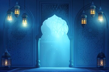 Elegant Islamic and Lanterns with Blue Background