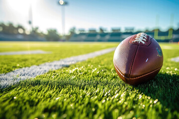 Leather American football ball on green grass. Space for text