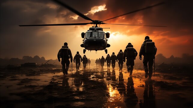 A military helicopter is flying over the forested battlefield, accompanied by soldiers walking along