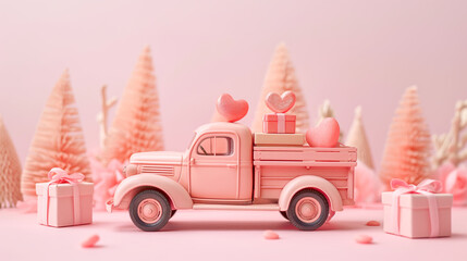 Pink truck miniature with gift boxes and christmas trees on a pink background. Valentine atmosphere.  Minimal love and women's day background	