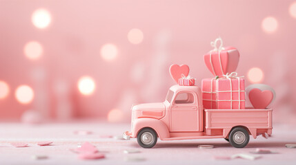 Pink truck miniature with gift boxes and hearts in valentine atmosphere on a pink background. Minimal love and women's day background	