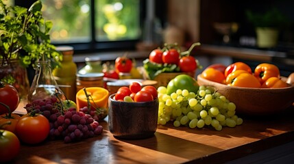 
Homely scene of a kitchen counter filled with freshly harvested fruits and vegetables, ready for canning,