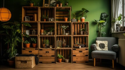 
Interior shots of a room with DIY storage solutions using repurposed wooden crates