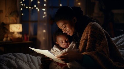
Lifestyle scenes of a mother reading a bedtime story to her newborn, creating a cozy and nurturing atmosphere in the family setting - obrazy, fototapety, plakaty