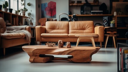 living room setup with a sculptural coffee table that doubles as an art piece,