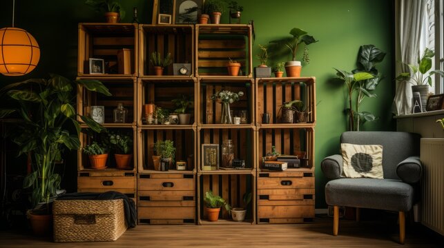 
Interior shots of a room with DIY storage solutions using repurposed wooden crates