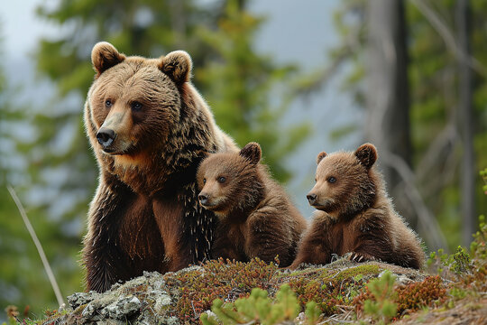 A family of grizzly bears hug and play.