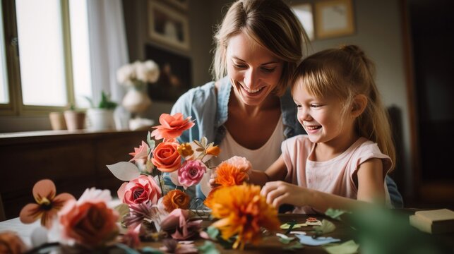 
Mother and child crafting and creating art at a kitchen table