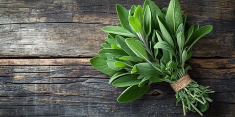 Fresh sage on old wooden background. Aromatic bunch of sage. Gardening herbs  - obrazy, fototapety, plakaty