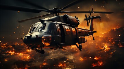 Helicopters flying in the sky during the war, explosions of fire in the city