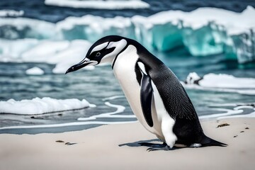 Step into the heart of Antarctica with a captivating image featuring a chinstrap penguin gracing the tranquil beach, surrounded by pristine icy landscapes.