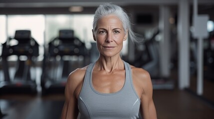 Fototapeta premium Portrait, of mid age woman, working on a fitness equipment in fitness studio, without make up, emphasizing gray hair and natural aging