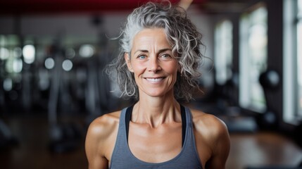 
Portrait, of mid age woman, working on a fitness equipment in fitness studio, without make up, emphasizing gray hair and natural aging