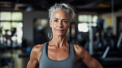 Fototapeta premium Portrait, of mid age woman, working on a fitness equipment in fitness studio, without make up, emphasizing gray hair and natural aging