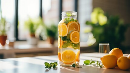 
Refreshing scenes of citrus fruits and herbs infusing water, creating a naturally flavored and healthy beverage