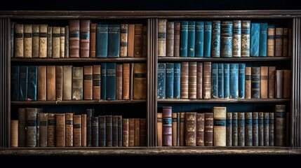 
Scenes of an aging bookshelf filled with weathered books, showcasing the beauty of imperfections in the worn spines and tattered covers,