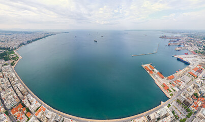 Thessaloniki, Greece. Panorama of the city and port. Cloudy weather. Aerial view