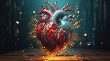 Colorful human heart anatomy illustration. Heart organ with cardio vessels model concept.