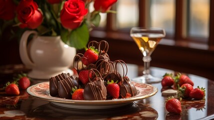 Fototapeta premium Romantic dinner setup with candles and flowers, celebrating valentines or a couple's anniversary.