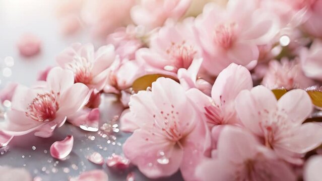 Scattered cherry blossom petals with water droplets, expressing the ephemeral beauty of spring.
