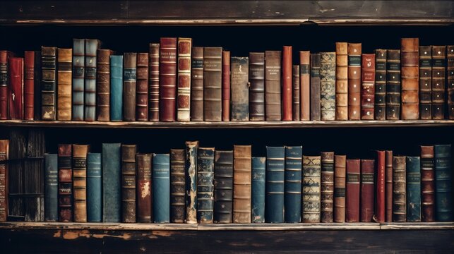 
Scenes of an aging bookshelf filled with weathered books, showcasing the beauty of imperfections in the worn spines and tattered covers,