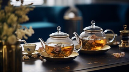 
Stylish scenes of a high-end tea presentation with intricate teapots, cups, and tea leaves