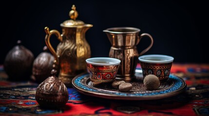 Obraz na płótnie Canvas Traditional Turkish coffee setup with a cezve and demitasse cups, highlighting cultural coffee rituals,