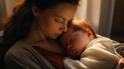 
Tranquil shots of a newborn peacefully sleeping on its mother's chest, highlighting the serenity and intimacy of the early bonding moments, 