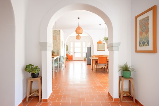 hallway with terracotta floor tiles and spanish arches
