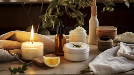 Fototapeta na wymiar Vanity scene featuring DIY natural skincare products like creams and scrubs