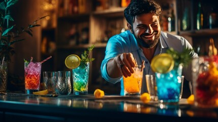 
Vibrant scenes of a bartender mixing colorful and alcohol-free mocktails, emphasizing freshness and flavor,