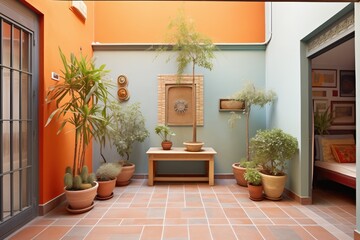 lush spanish courtyard with a variety of terracotta pot plants