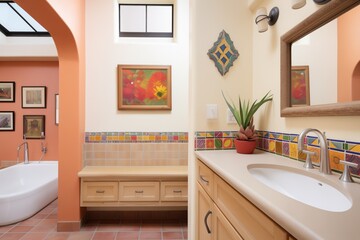 bathroom with terracotta sink and spanish tile accents