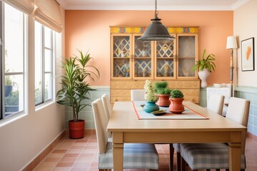 dining room with terracotta tableware and spanish motifs