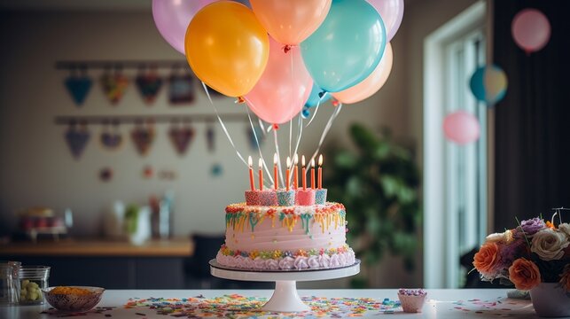 Vibrant scene of a birthday party with a beautifully decorated cake, balloons, and joyful celebrations,