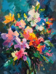 Floral oil painting with muted colors and brushstroke details, ideal for wall art and printing design