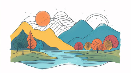 Autumn landscape with lake and mountains. Vector hand drawn illustration.