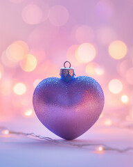 Purple valentine ball shaped like heart  with christmas lights in the backgorund, soft and dreamy atmosphere. 
