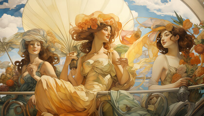 Obraz na płótnie Canvas Fantasy scene with the image of three beautiful women on the balcony