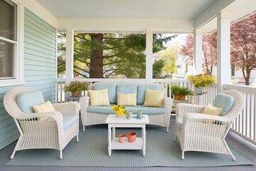 covered porch of cottage with wicker furniture set - obrazy, fototapety, plakaty
