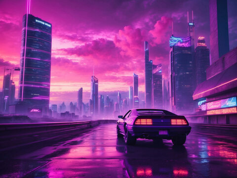 A retro-futuristic car on a city street at dusk with neon lights and a pink sky