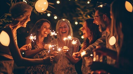 group of caucasian people friends with different ages celebrate together a birthday or new year eve by night outdoor at home. 