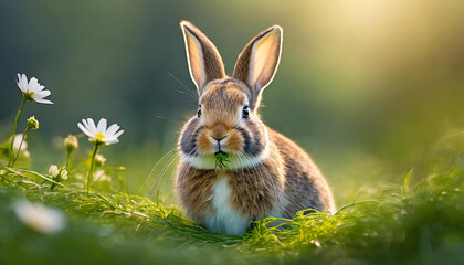 cute easter rabbit eating grass white flowers