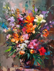 Floral oil painting with muted colors and brushstroke details, ideal for wall art and printing design