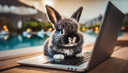 cute little bunny rabbit working on laptop