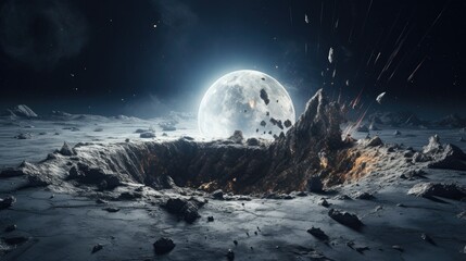 The view of earth from the deep crater of the moon. Solar system background concept. - obrazy, fototapety, plakaty