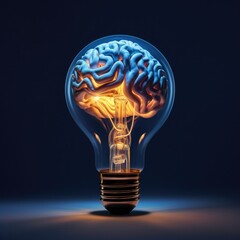 Neon light lamp bulb with brain illustration. Brainstorming creative idea concept background