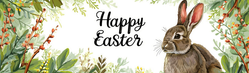 A festive Easter banner with a brown bunny and Spring flowers framing the cheerful message Happy Easter.