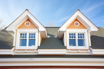 closeup on symmetric colonial dormer windows