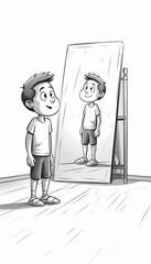 Vector illustration of a boy standing in front of the mirror in the bathroom